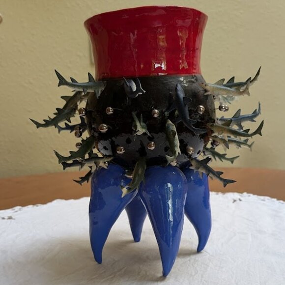 Crazy, Bold, Objet d'Art Ceramic Art Pottery Sculpture, Planter with Fish - Picture 1 of 15